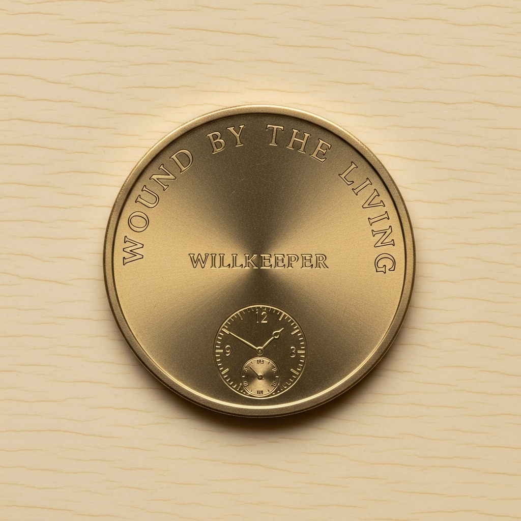 A brass coin engraved 'wound by the living'